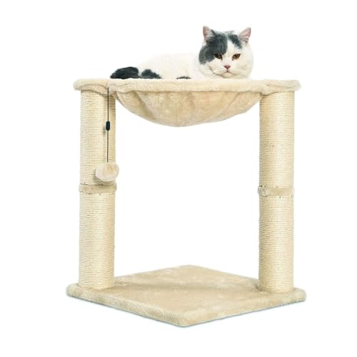 Cat Tower with Hammock and Scratching Posts for Indoor Cats, 15.8 x 15.8 x 19.7 Inches, Beige