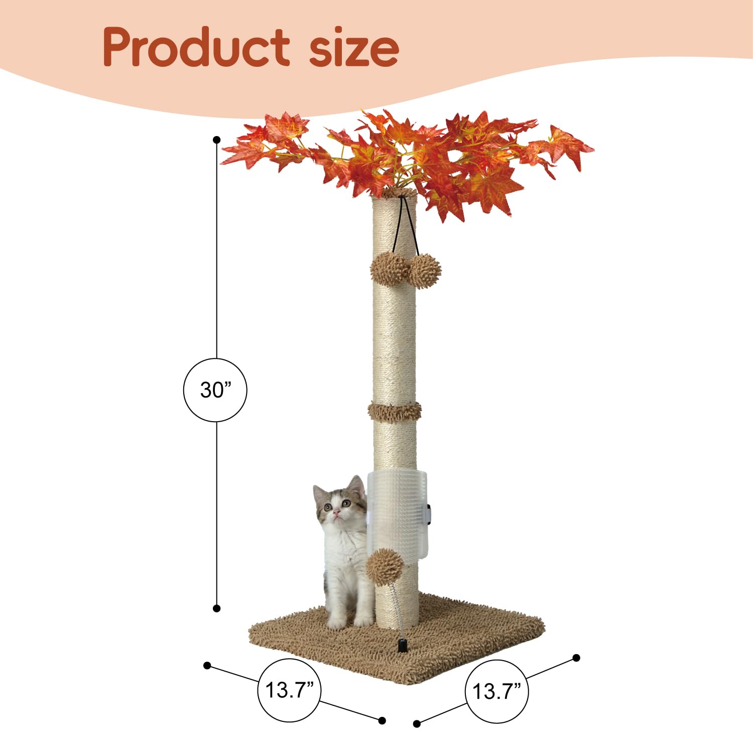Cat Scartching Post，30-inch Cute Scartching Posts for Indoor Cats and Kittens,Natural Sisal Rope and Hanging Ball Toy, Self-Grooming Brush,Beige