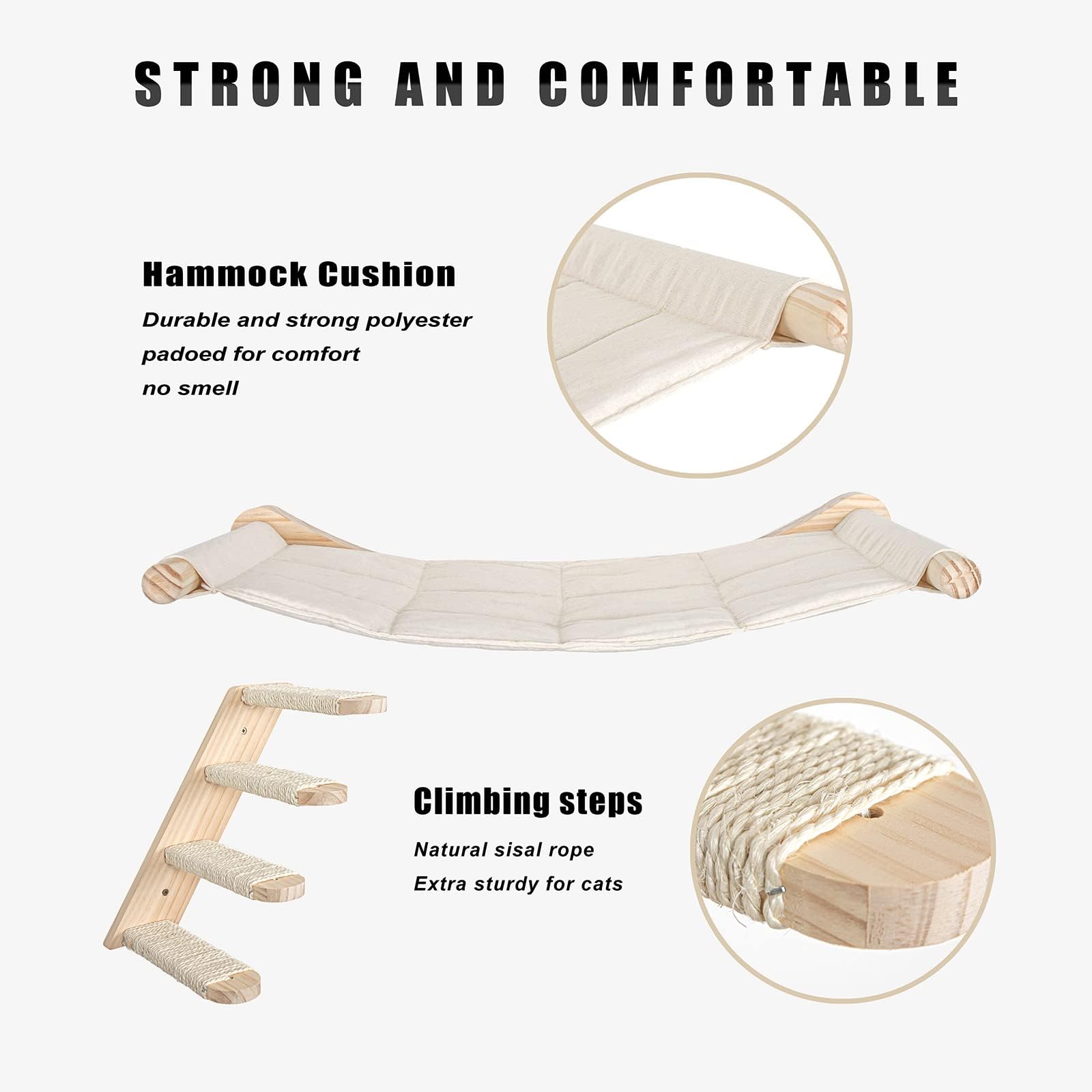 Cat Hammock, Wall Mounted Cat Climbing Shelf, 4 Step Cat Stairway Furniture with Sisal Scratching for Sleeping, Playing, Lounging and Perching
