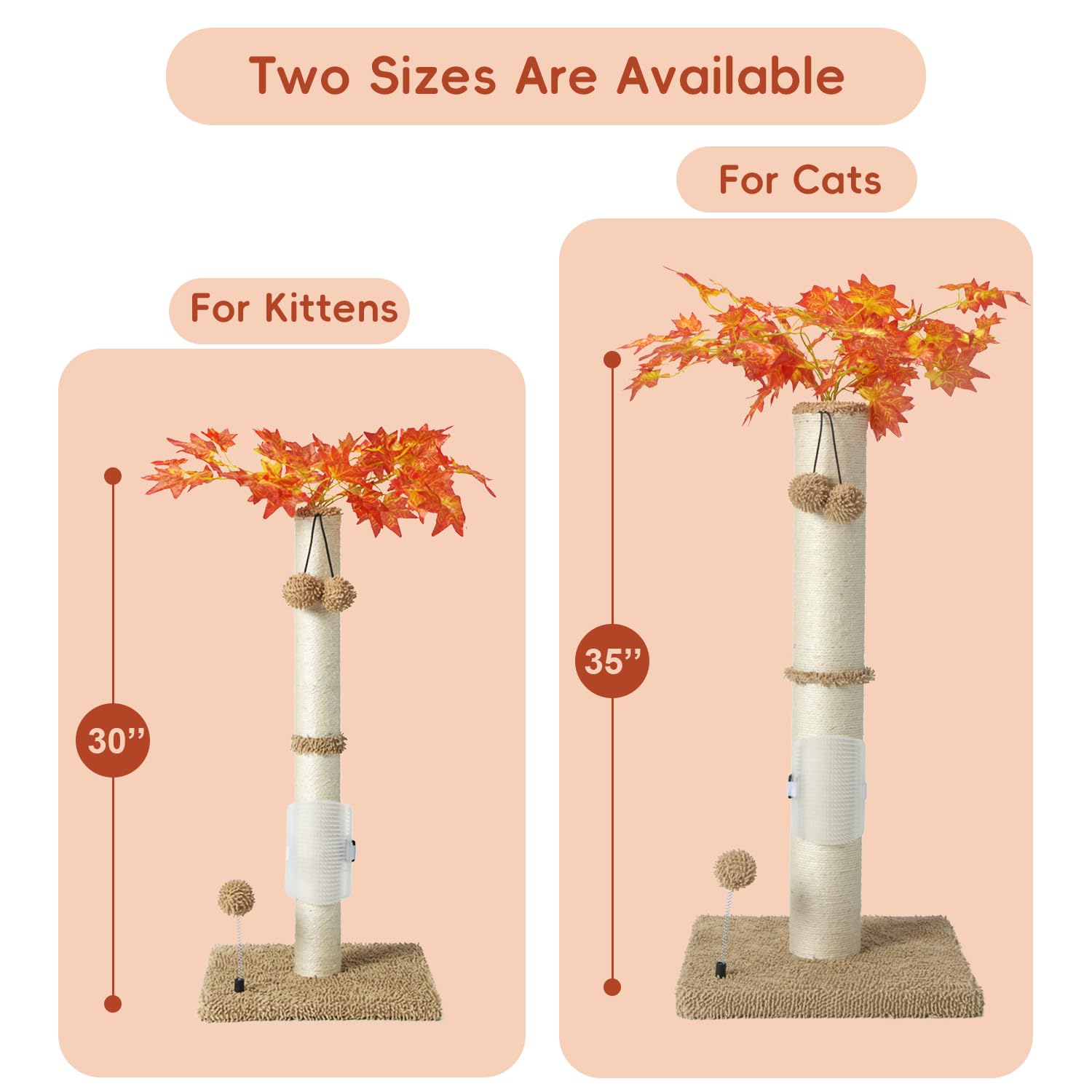 Cat Scartching Post，30-inch Cute Scartching Posts for Indoor Cats and Kittens,Natural Sisal Rope and Hanging Ball Toy, Self-Grooming Brush,Beige