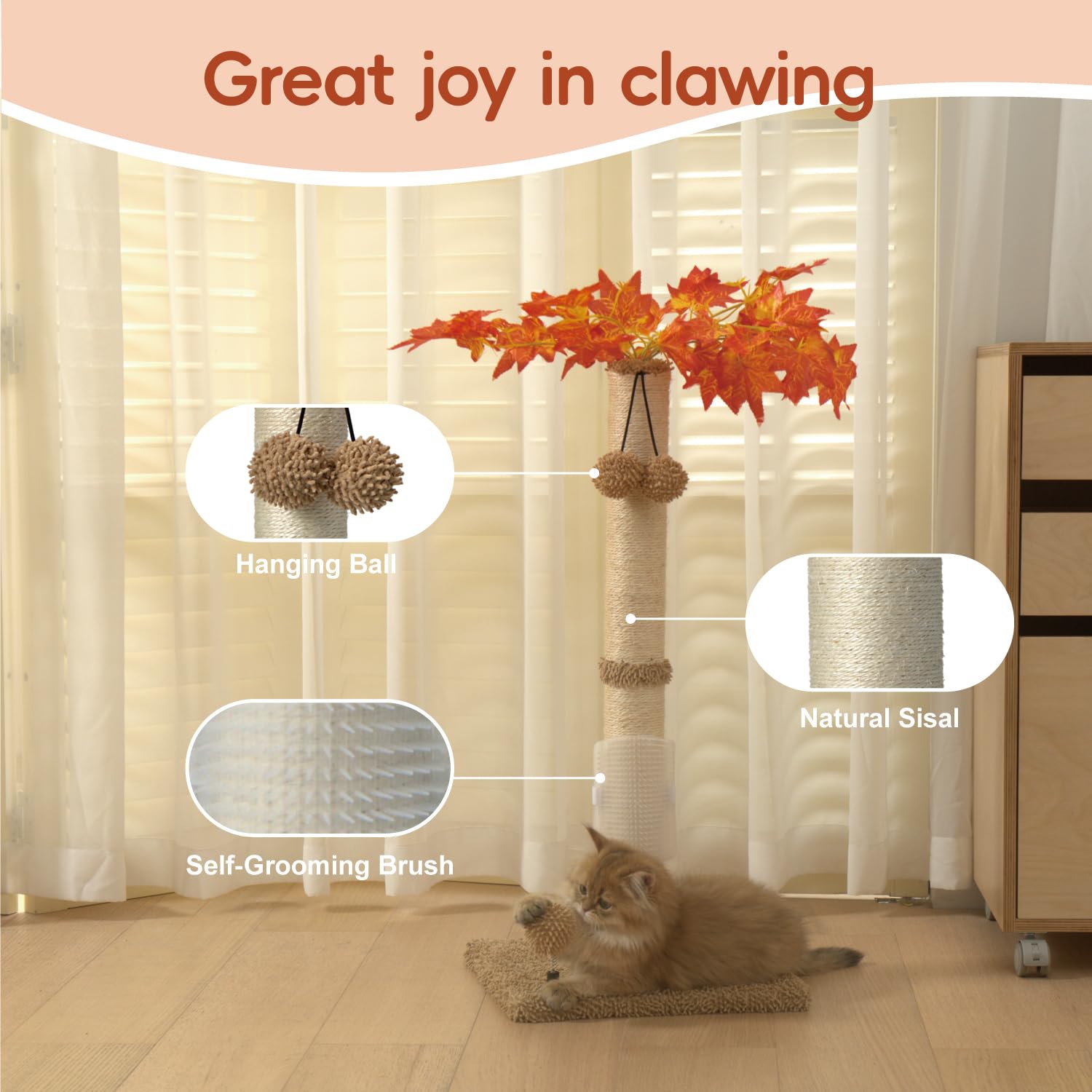 Cat Scartching Post，30-inch Cute Scartching Posts for Indoor Cats and Kittens,Natural Sisal Rope and Hanging Ball Toy, Self-Grooming Brush,Beige