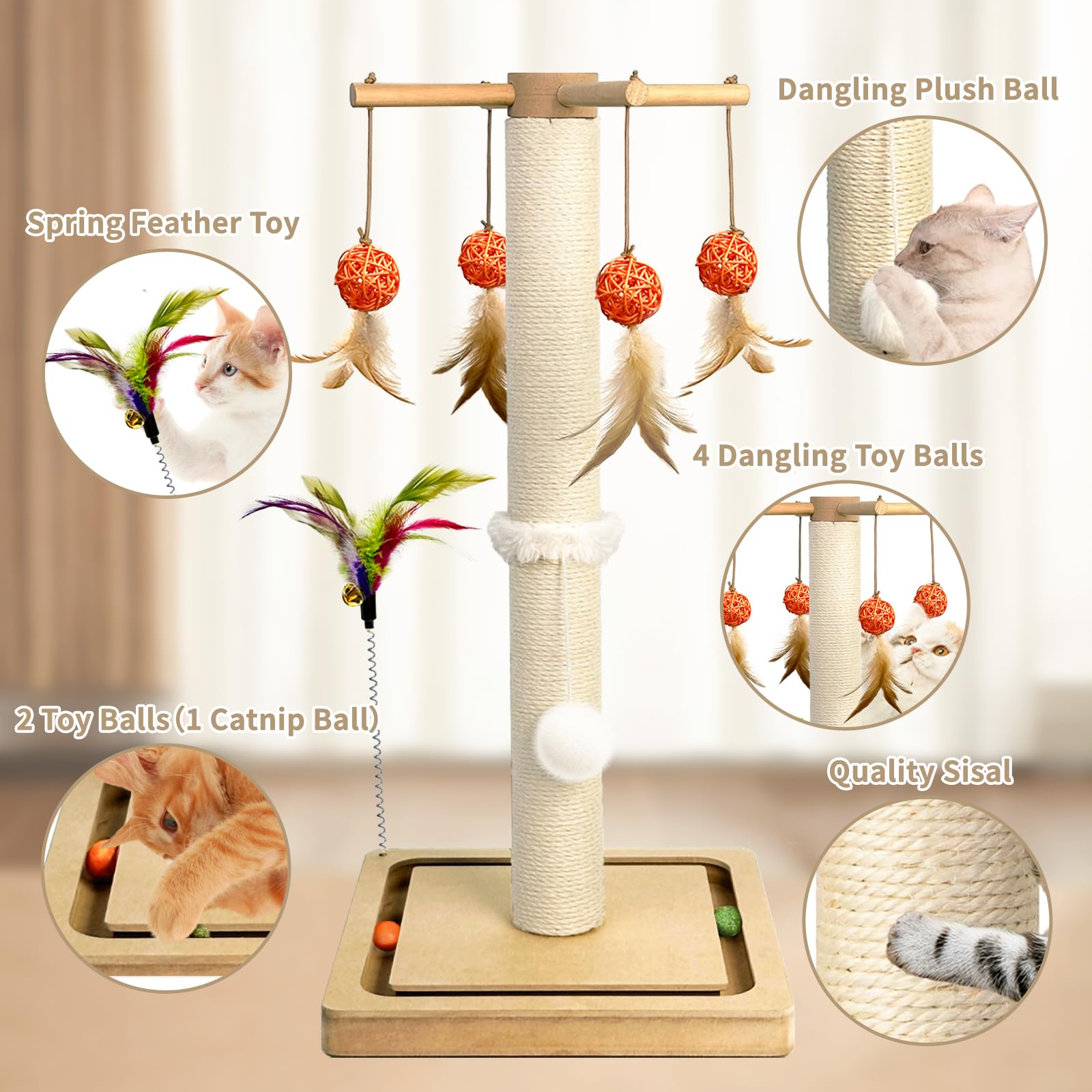 Paroto Cat Scratching Post, Sisal Scratching Posts for Indoor Cats Adults with Hanging Ball and Interactive Toys, 2 Mounting Methods Cat Scratcher for Kitten Cats, 25 inches