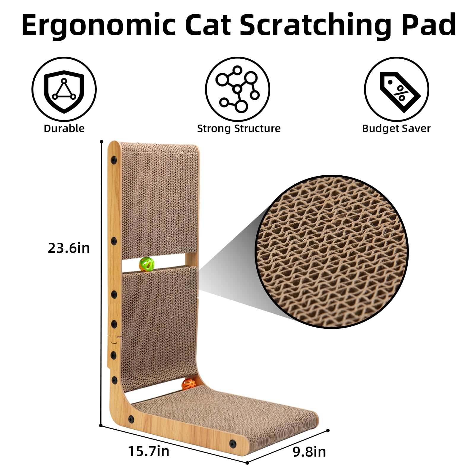 Nekosan Cat Scratcher, L-Shaped Cat Scratching Post, for Wall and Couch Protection, Cat Scratching Board with 2 Cat Ball Toys for Indoor Cats, Large