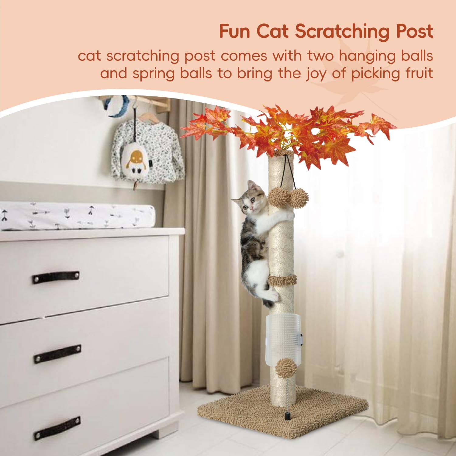 Cat Scartching Post，30-inch Cute Scartching Posts for Indoor Cats and Kittens,Natural Sisal Rope and Hanging Ball Toy, Self-Grooming Brush,Beige