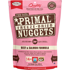 Primal Freeze Dried Cat Food Nuggets Beef & Salmon; Complete & Balanced Meal or Topper; Premium, Healthy, Grain Free, High Protein Raw Cat Food with Probiotics (14 oz)