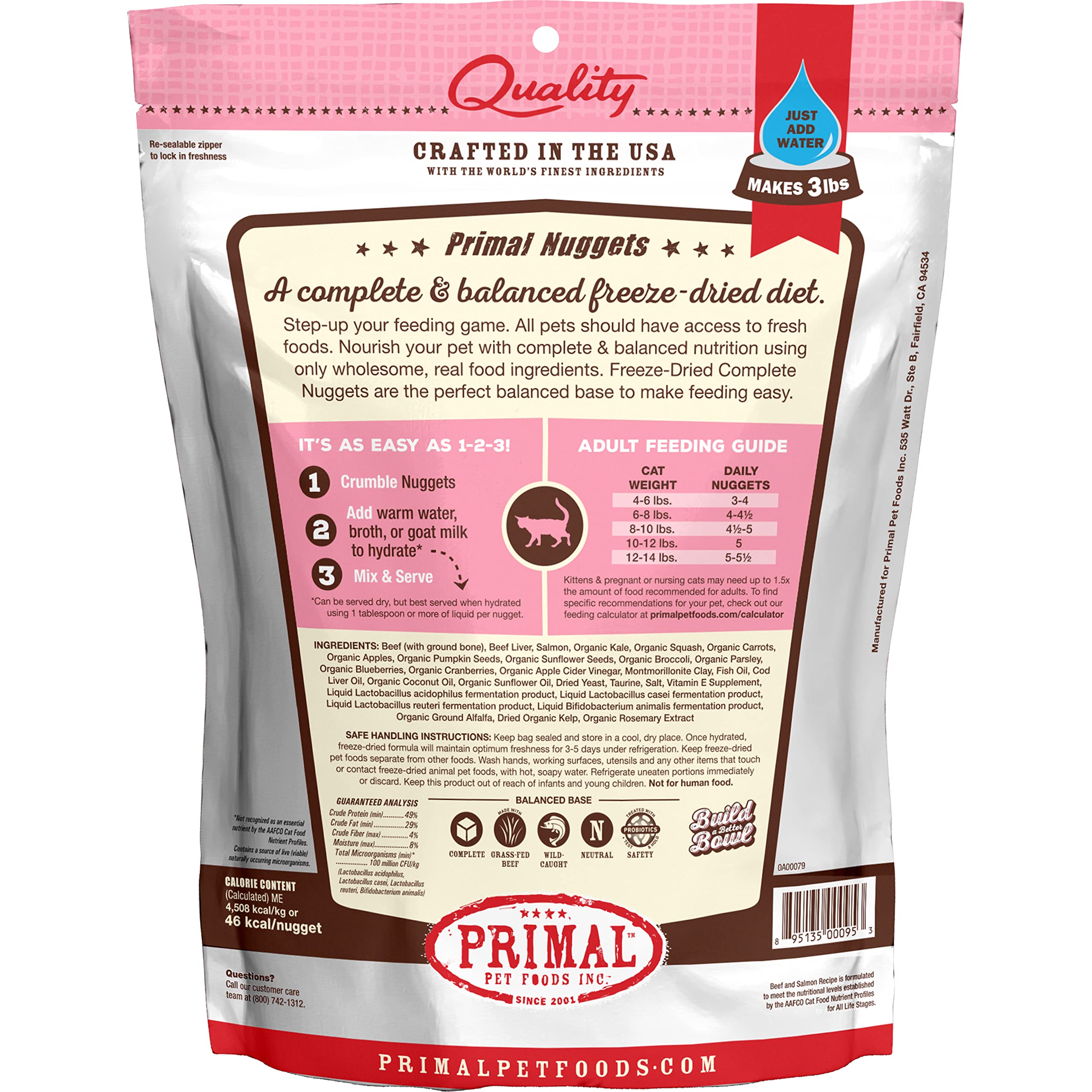 Primal Freeze Dried Cat Food Nuggets Beef & Salmon; Complete & Balanced Meal or Topper; Premium, Healthy, Grain Free, High Protein Raw Cat Food with Probiotics (14 oz)